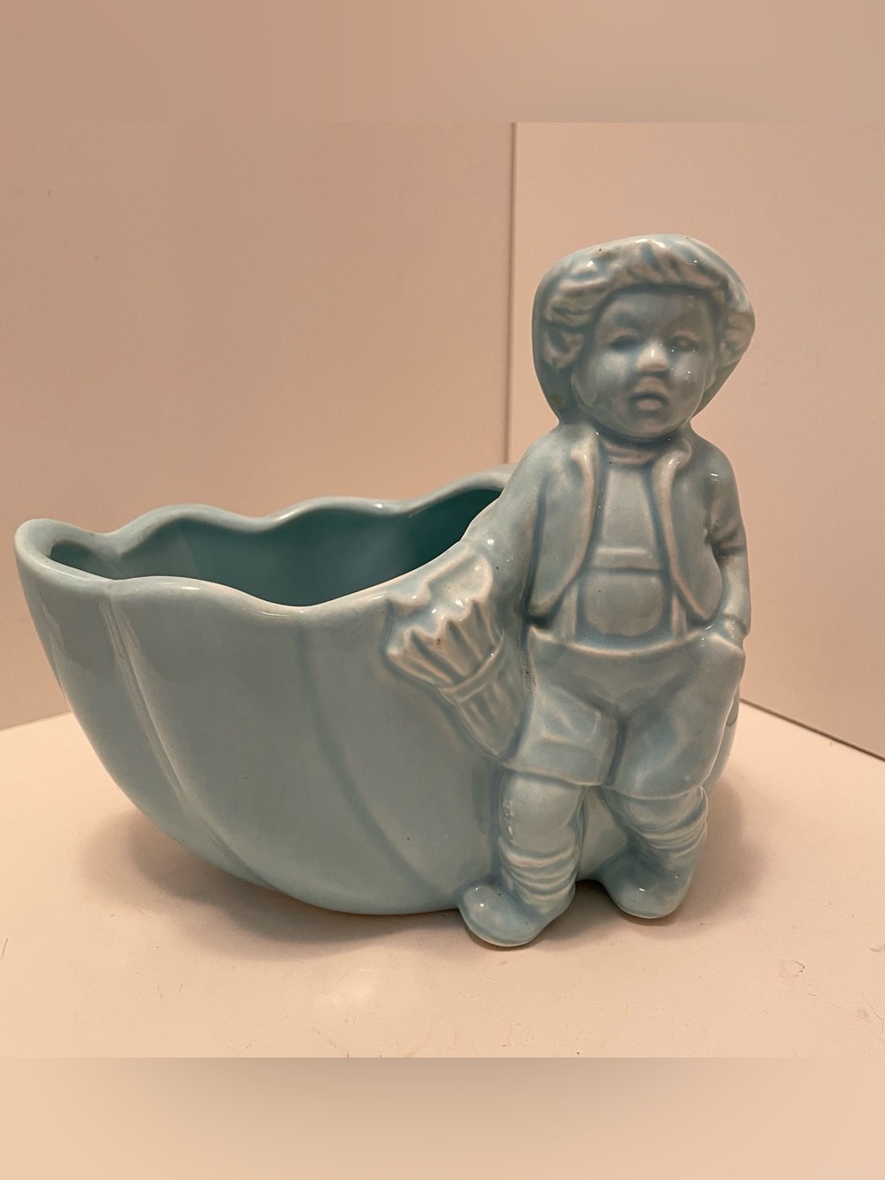 Vintage Light Blue Planter Boy By Shell Ceramic